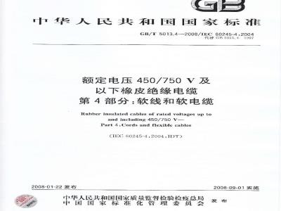 GB/T 5013.4-2008 额定电压450/750V及以下橡皮绝缘电缆 第4部分：软线和软电缆