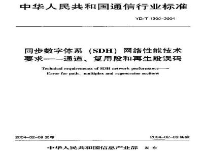 YD/T 1300-2004 同步数字体系(SDH)网络性能技术要求——通道、复用段和再生段误码