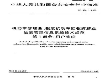 GA 438.1-2003 机动车修理业、报废机动车回收拆解业治安管理信息系统技术规范 第1部分:用户管理