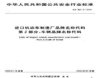 GA 407.2-2003 进口机动车制造厂品牌名称代码 第2部分:车辆品牌名称代码