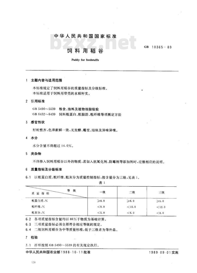 GB 10365-1989 饲料用稻谷 GB 10365-1989 饲料用稻谷