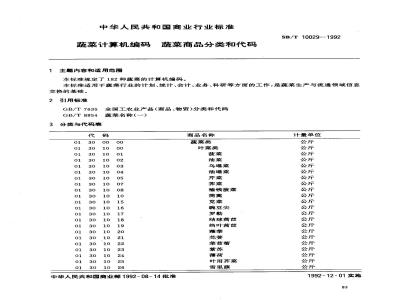 SB/T 10029-1992 Vegetable computer coding Vegetable commodity classification and code