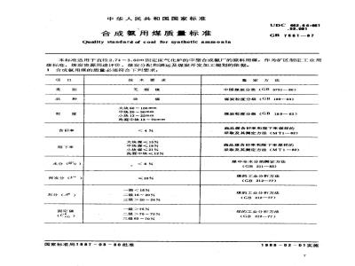 GB 7561-1987 合成氨用煤质量标准