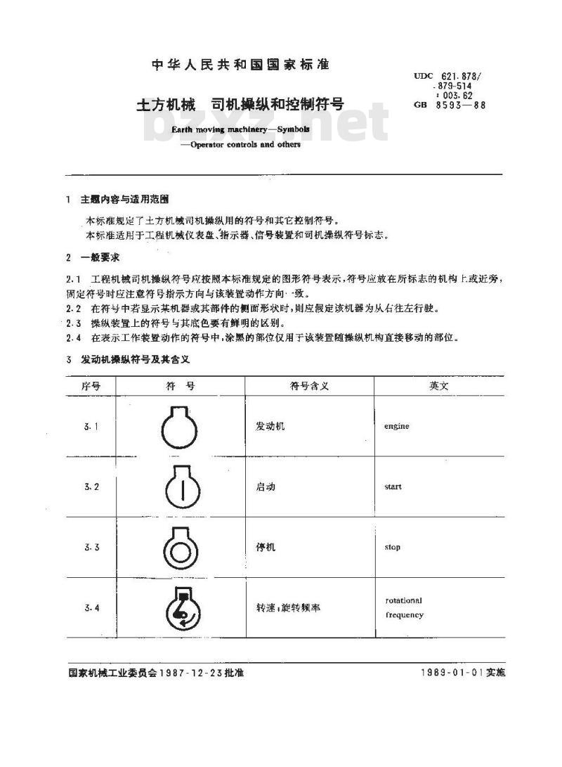 GB 8593-1988 土方机械 司机操纵和控制符号 GB 8593-1988 土方机械 司机操纵和控制符号
