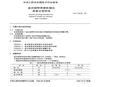 SJ/T 9518-1993 盒式磁带录音机磁头质量分等标准