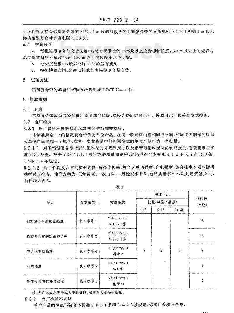 YD/T 723.2-1994 通信电缆光缆用金属塑料复合带 第2部分: 铝塑复合带