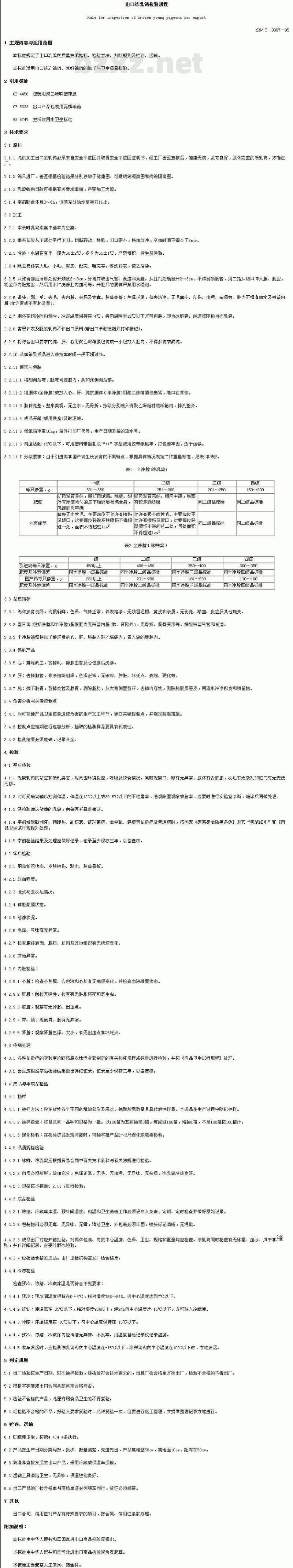 SN/T 0397-1995 出口冻乳鸽检验规程 SN/T 0397-1995 出口冻乳鸽检验规程