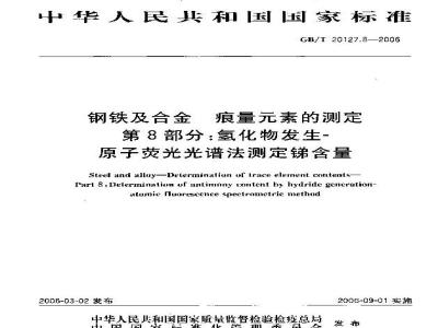 GB/T 20127.8-2006 钢铁及合金 痕量素的测定 第8部分：氢化物发生-原子荧光光谱法测定锑含量