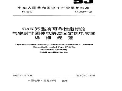 SJ 20207-1992 CAK35型有可靠性指标的气密封非固体电解质固定钽电容器详细规范