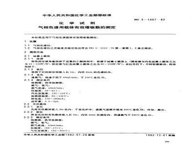 HG 3-1467-1982 化学试剂 气相色谱载体--有效塔板数的测定