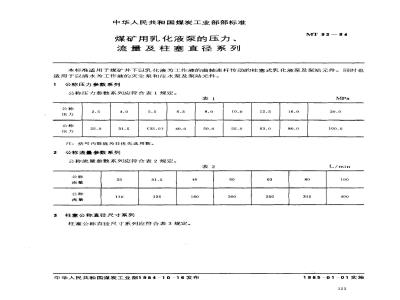 MT 93-1984 煤矿用乳化液泵的压力、流量及柱塞直径系列