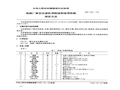 MT 261-1991 送煤厂真空过滤机用助滤剂使用性能测定方法