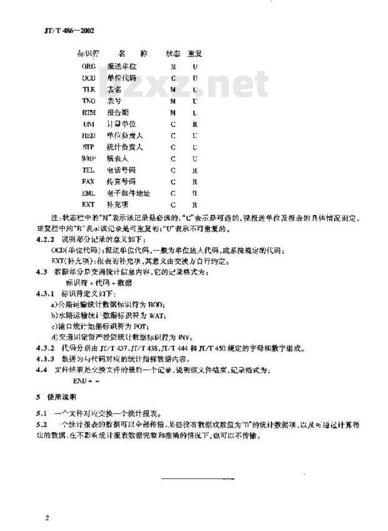 JT/T 486-2002 交通统计信息交换格式 JT/T 486-2002 交通统计信息交换格式