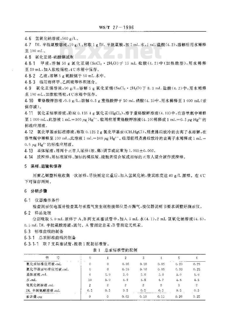 WS/T 27-1996 尿中有机(甲基)汞、无机汞和总汞的分别测定方法 选择性还原-冷原子吸收光谱法
