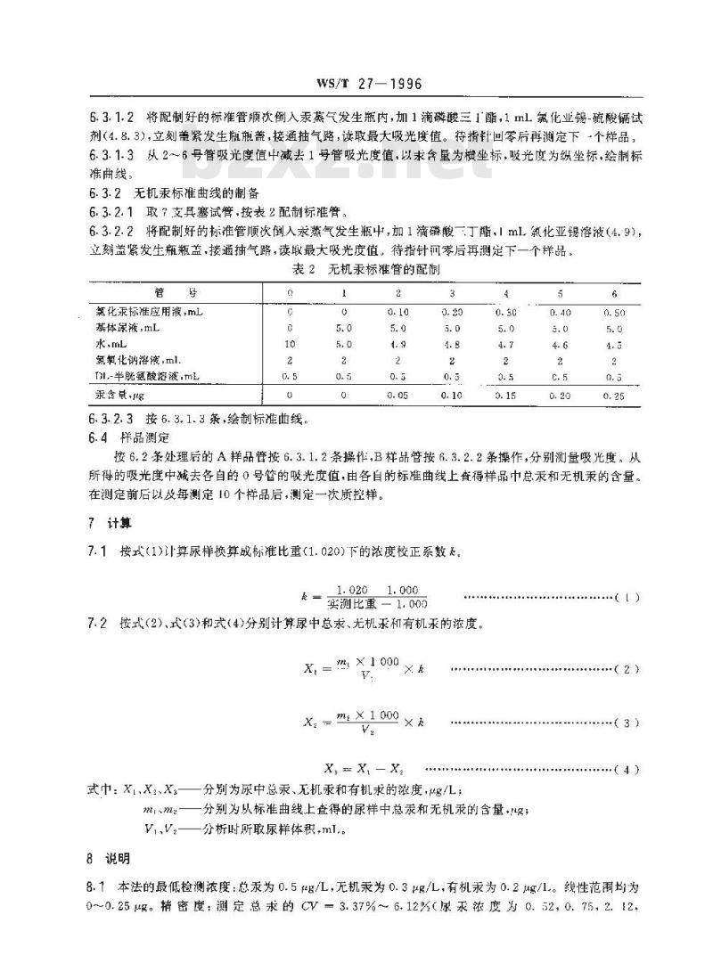 WS/T 27-1996 尿中有机(甲基)汞、无机汞和总汞的分别测定方法 选择性还原-冷原子吸收光谱法
