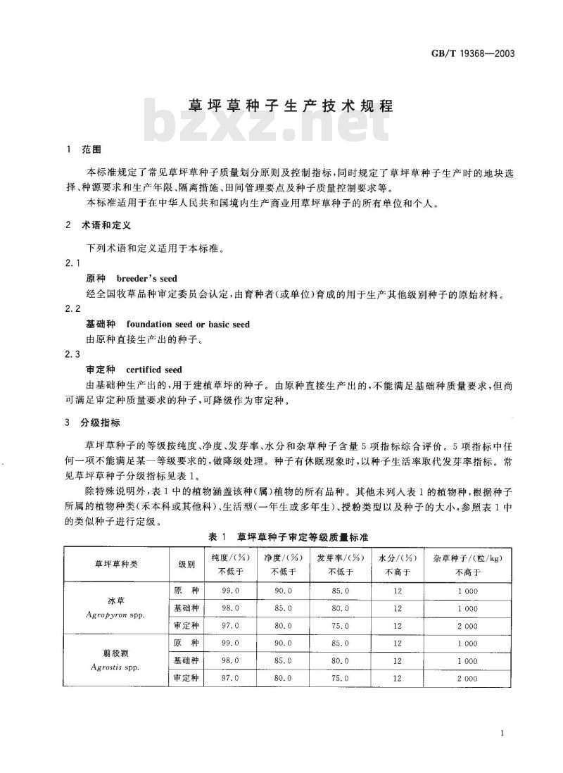 GB/T 19368-2003 草坪草种子生产技术规程 GB/T 19368-2003 草坪草种子生产技术规程