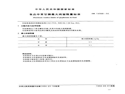 GB 14968-1994 食品中草甘膦最大残留限量标准