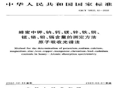 GB/T 18932.12-2002 蜂蜜中钾、钠、钙、镁、锌、铁、铜、锰、铬、铅、镉含量的测定方法 原子吸收光谱法