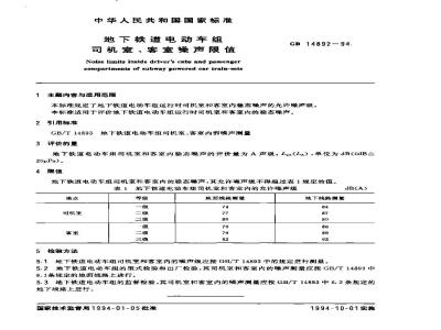 GB 14892-1994 地下铁道电动车组司机室、客室噪声限值