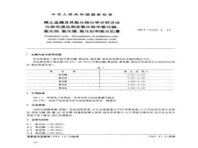 GB/T 12690.9-1990 稀土金属及其氧化物化学分析方法 化学光谱法测定氧化钕中氧化镧,氧化铈,氧化镨,氧化钐和氧化钇量