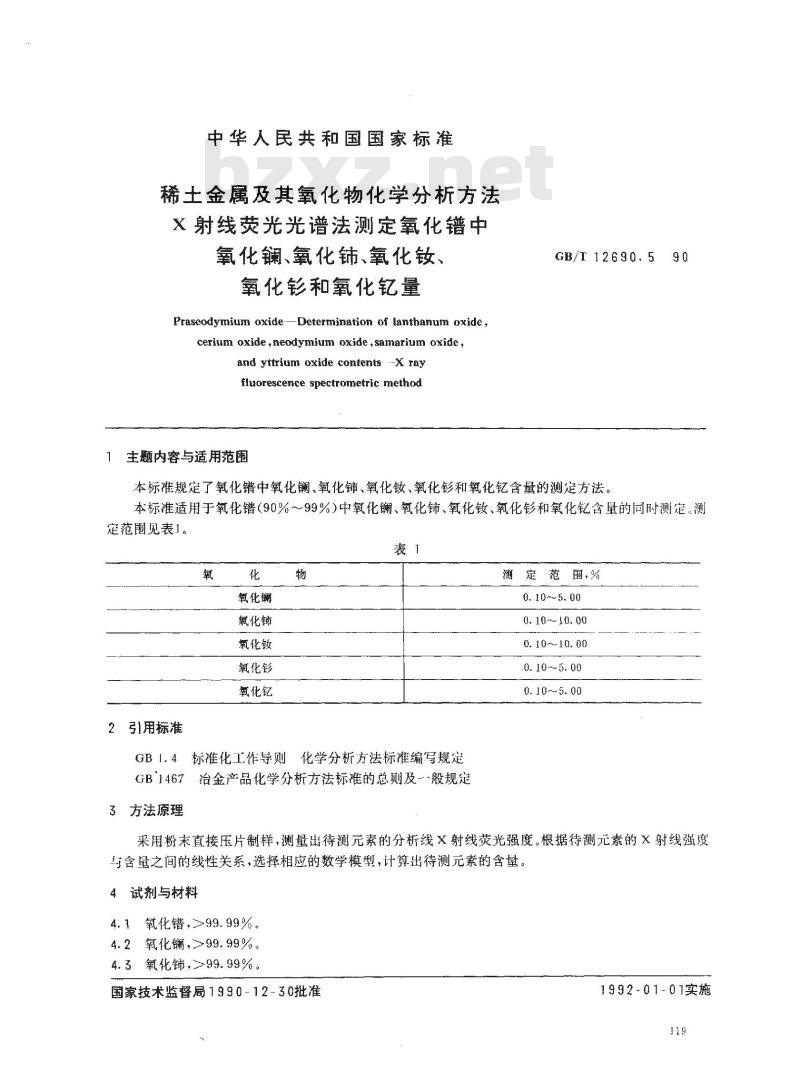 GB/T 12690.5-1990 稀土金属及其氧化物化学分析方法 X射线荧光光谱法测定氧化镨中氧化镧,氧化铈,氧化钕,氧化钐和氧化钇量 GB/T 12690.5-1990 稀土金属及其氧化物化学分析方法 X射线荧光光谱法测定氧化镨中氧化镧,氧化铈,氧化钕,氧化钐和氧化钇量
