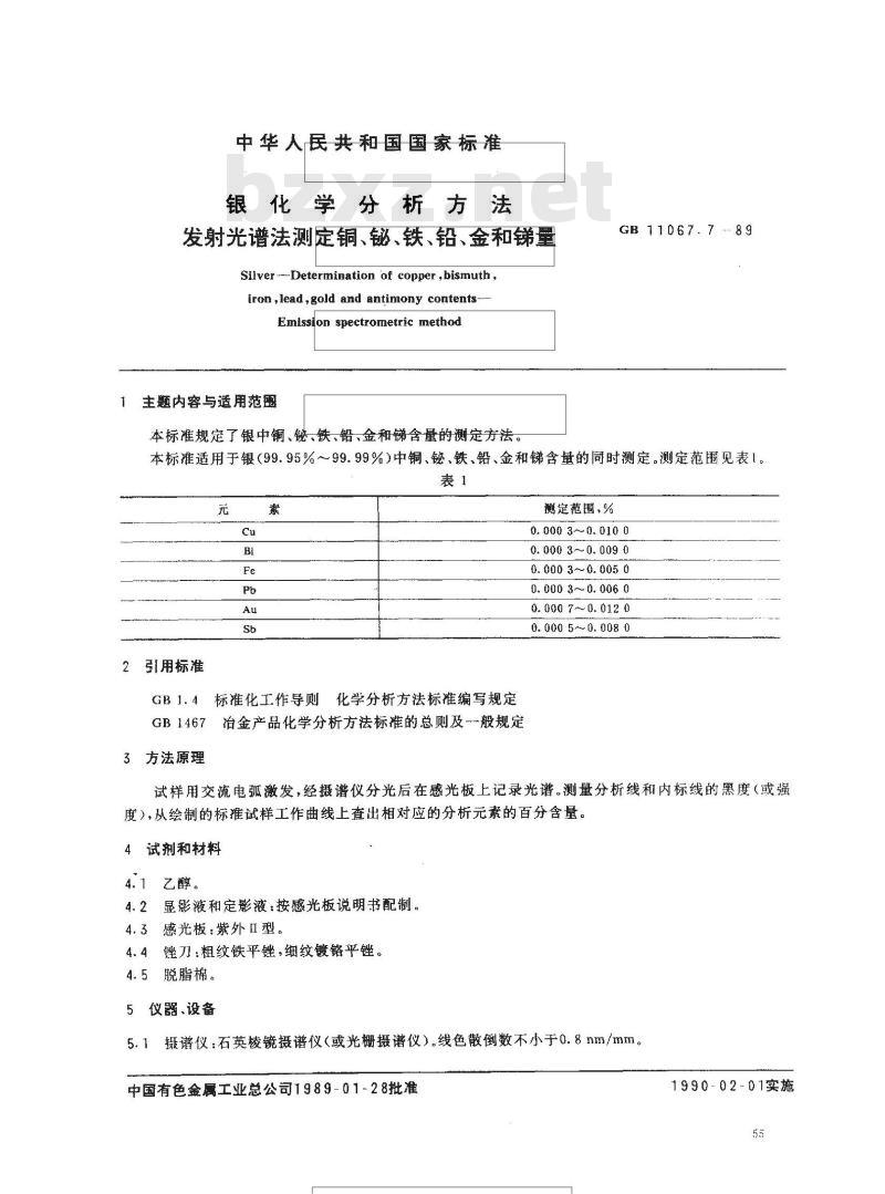 GB/T 11067.7-1989 银化学分析方法 发射光谱法测定铜、铋、铁、铅、金和锑量 GB/T 11067.7-1989 银化学分析方法 发射光谱法测定铜、铋、铁、铅、金和锑量