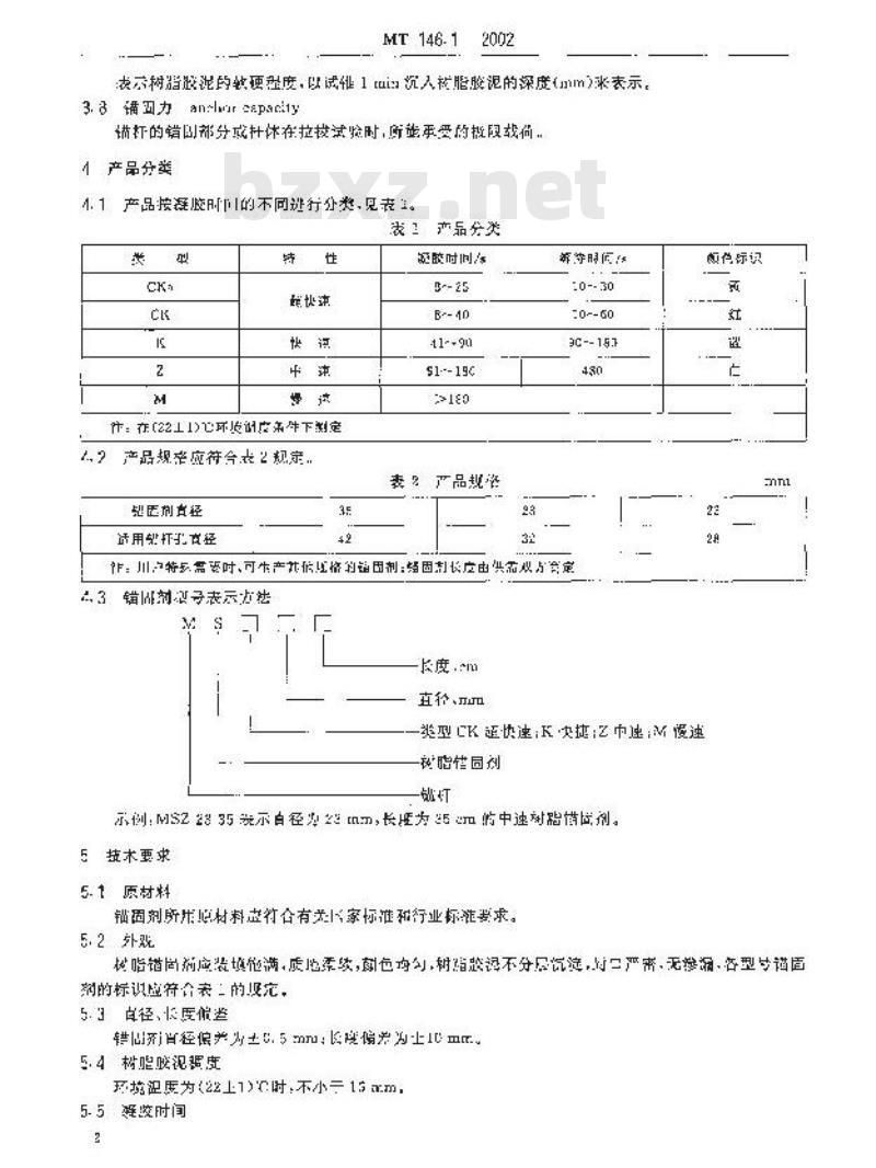 MT 146.1-2002 树脂锚杆 锚固剂 MT 146.1-2002 树脂锚杆 锚固剂
