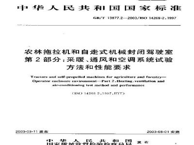 GB/T 13877.2-2003 农林拖拉机和自走式机械封闭驾驶室 第2部分:采暖、通风和 空调系统试验方法和性能要求