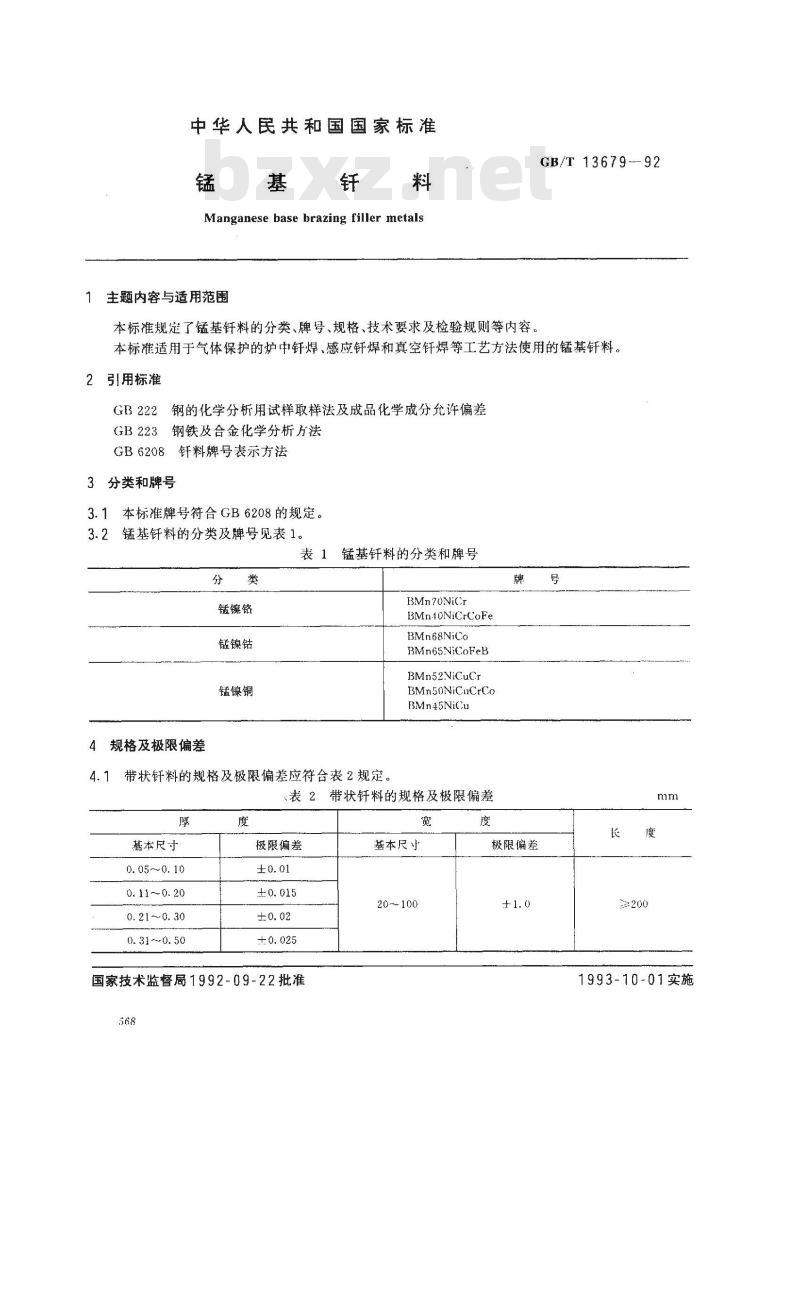 GB/T 13679-1992 锰基钎料 GB/T 13679-1992 锰基钎料