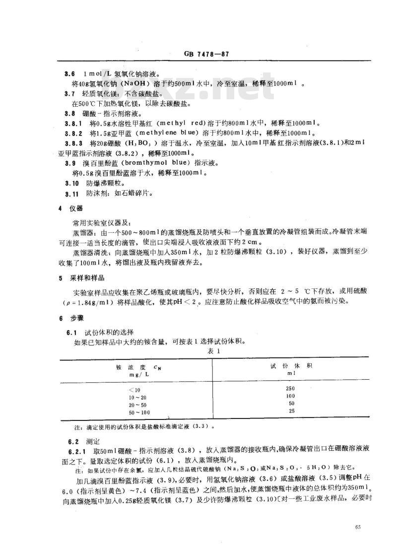 GB 7478-1987 水质 铵的测定 蒸馏和滴定法 GB 7478-1987 水质 铵的测定 蒸馏和滴定法