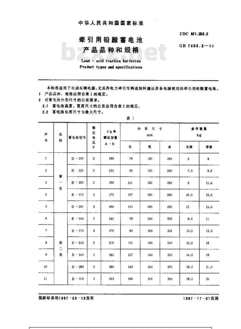GB 7403.2-1987 牵引用铅酸蓄电池 产品品种和规格
