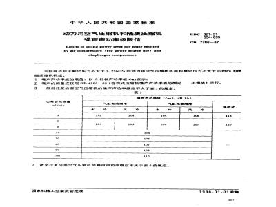 GB 7786-1987 动力用空气压缩机和隔膜压缩机噪声声功率极限值