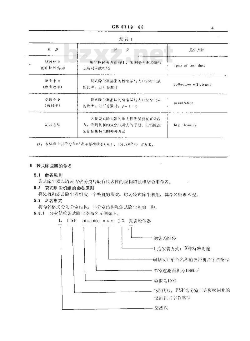 GB/T 6719-1986 袋式除尘器分类及规格性能表示方法