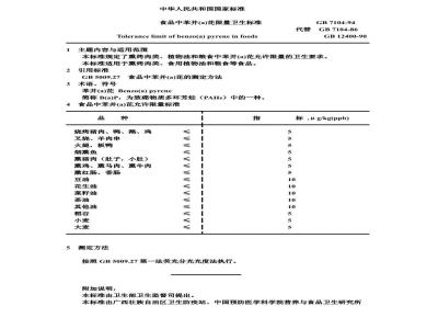 GB 7104-1994 食品中苯并(α)芘限量卫生标准