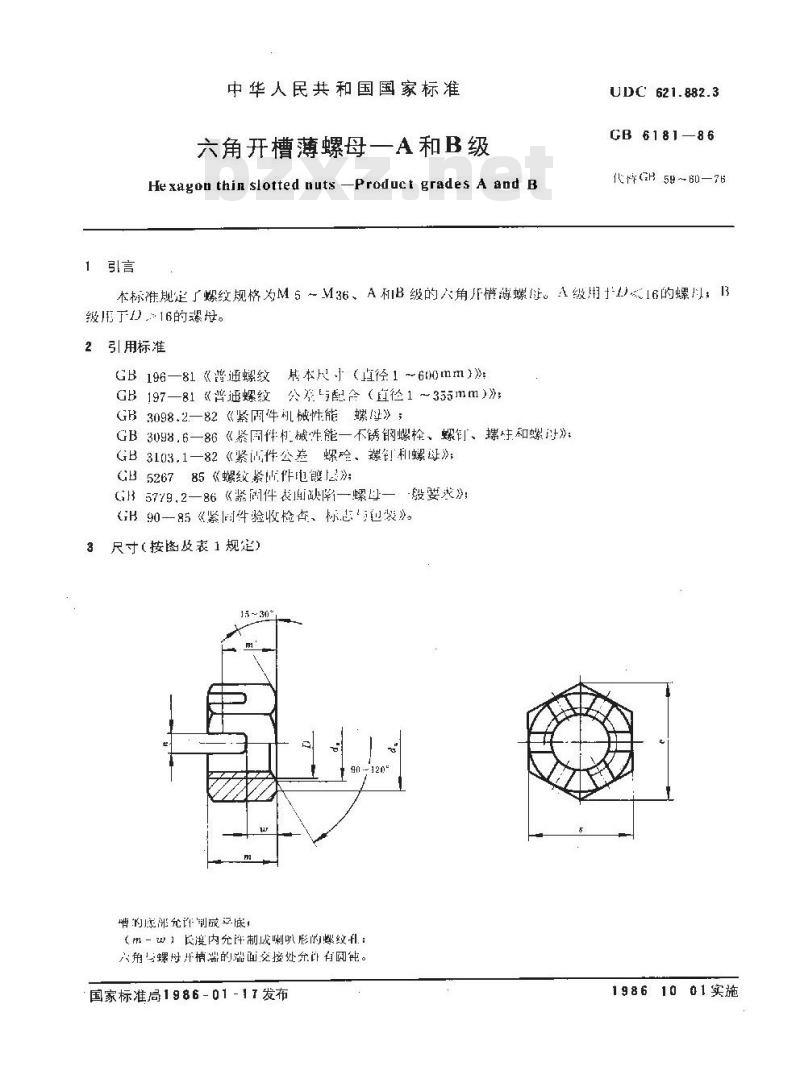 GB/T 6181-1986 六角开槽薄螺母 A和B级 GB/T 6181-1986 六角开槽薄螺母 A和B级