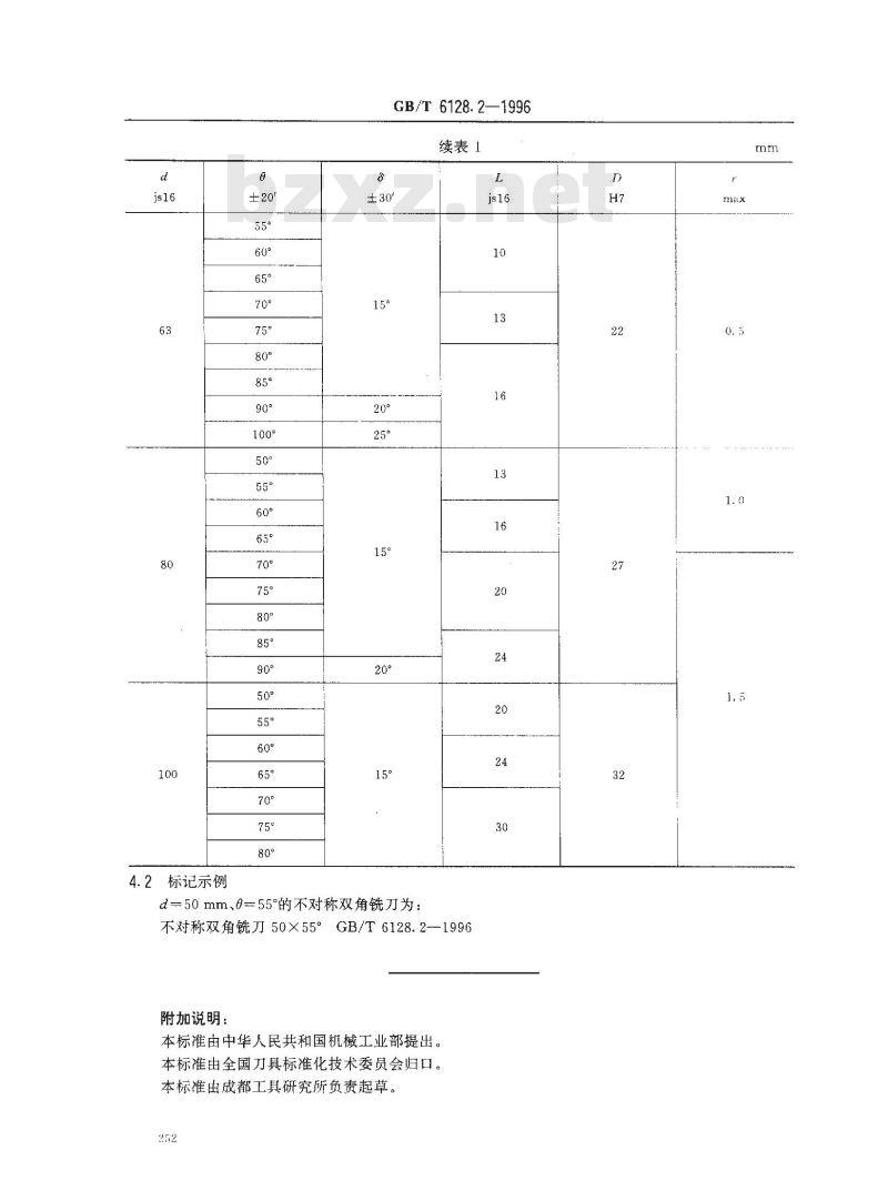 GB/T 6128.2-1996 角度铣刀 第2部分:不对称双角铣刀的型式和尺寸