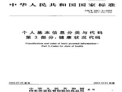 GB/T 2261.3-2003 个人基本信息分类与代码 第3部分: 健康状况代码