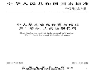 GB/T 2261.1-2003 个人基本信息分类与代码 第1部分: 人的性别代码