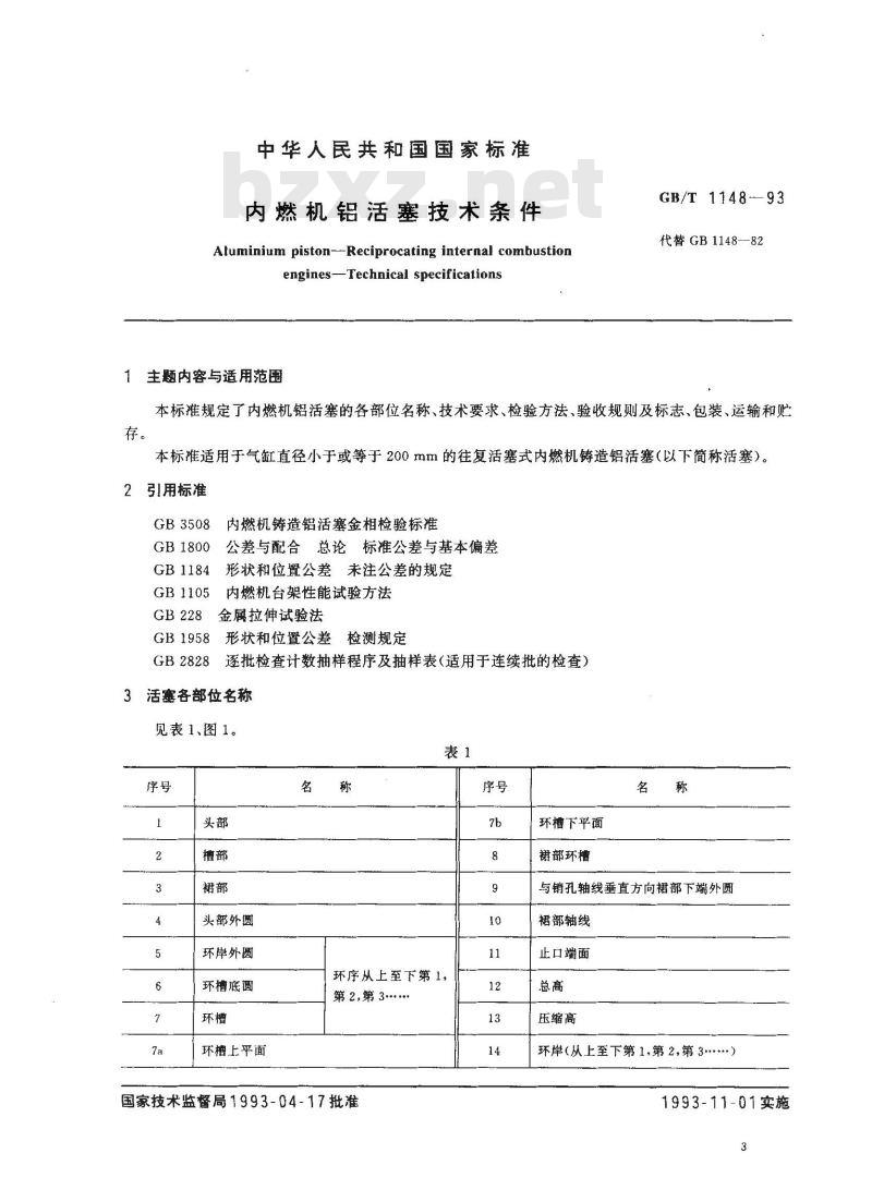 GB/T 1148-1993 内燃机铝活塞技术条件 GB/T 1148-1993 内燃机铝活塞技术条件
