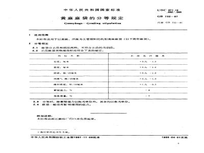 GB 732-1987 黄麻麻袋的分等规定
