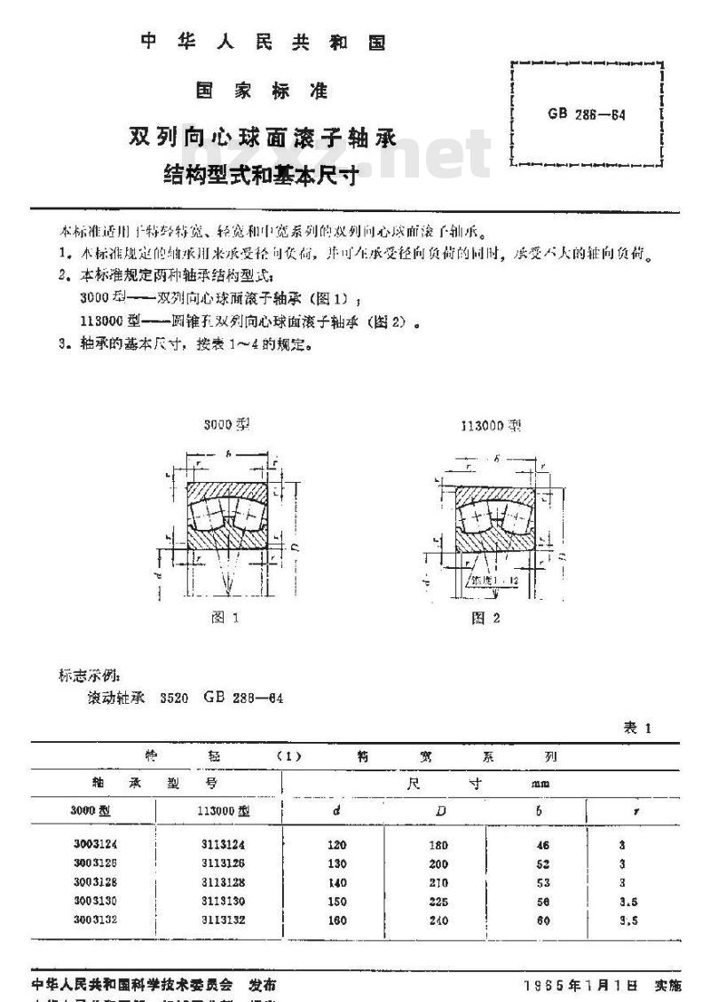 GB/T 286-1964 双列向心球面滚子轴承 结构型式和基本尺寸
