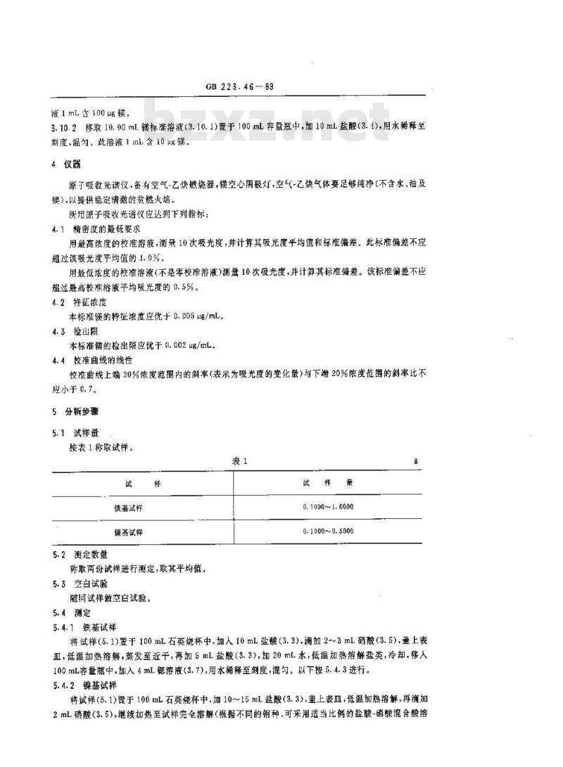GB 223.46-1989 钢铁及合金化学分析方法 火焰原子吸收光谱法测定镁量