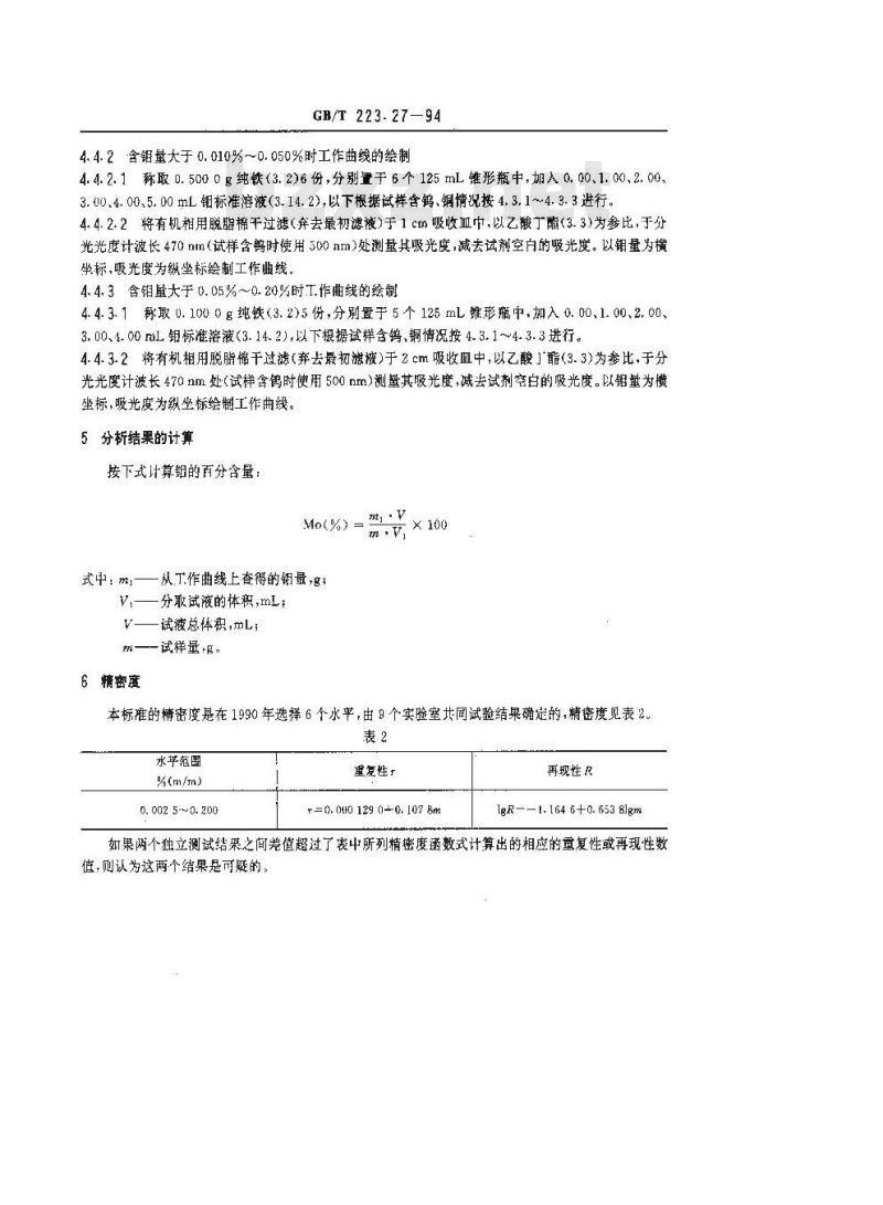 GB/T 223.27-1994 钢铁及合金化学分析方法 硫氰酸盐-乙酸丁酯萃取分光光度法测定钼量 GB/T 223.27-1994 钢铁及合金化学分析方法 硫氰酸盐-乙酸丁酯萃取分光光度法测定钼量