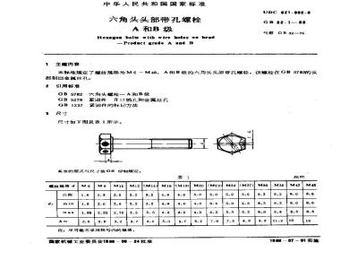 GB/T 32.1-1988 六角头头部带孔螺栓 A和B级