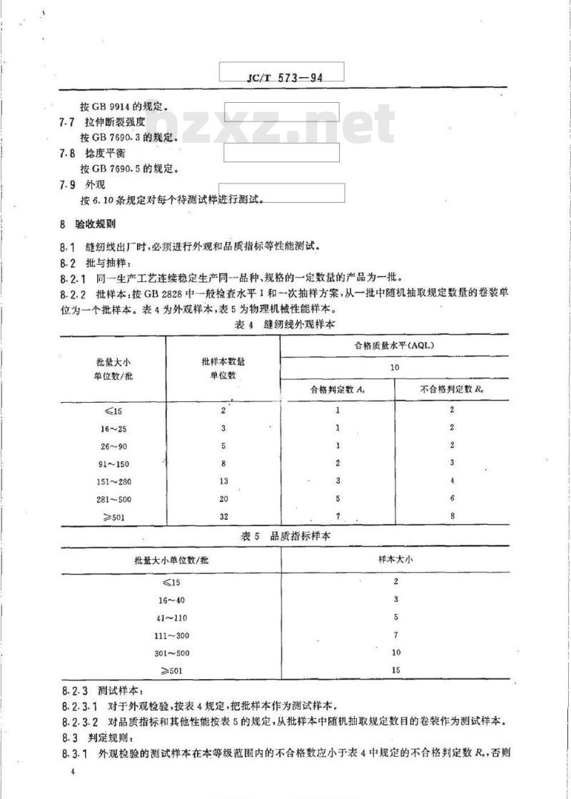 JC/T 573-1994 玻璃纤维缝纫线 JC/T 573-1994 玻璃纤维缝纫线