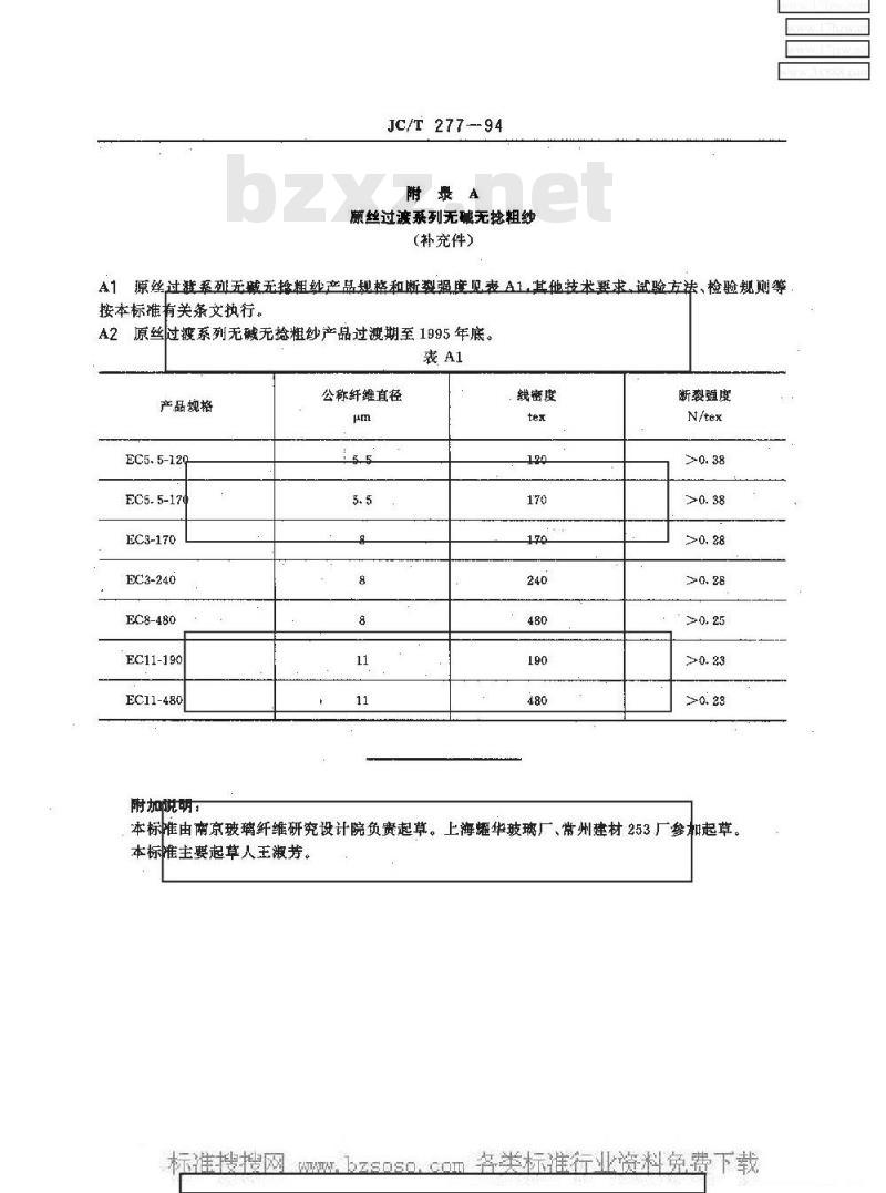 JC/T 277-1994 无碱玻璃纤维无捻粗纱 JC/T 277-1994 无碱玻璃纤维无捻粗纱