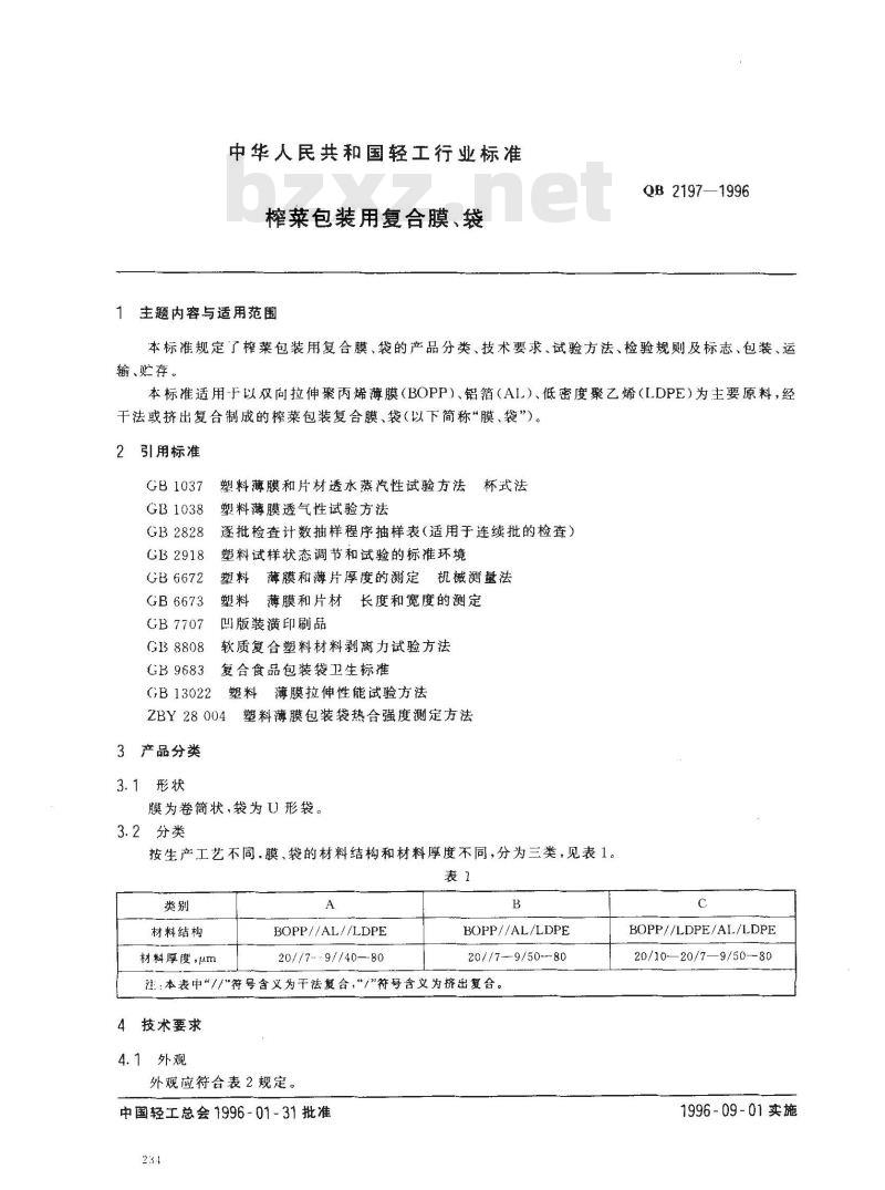 QB 2197-1996 榨菜包装用复合膜、袋 QB 2197-1996 榨菜包装用复合膜、袋