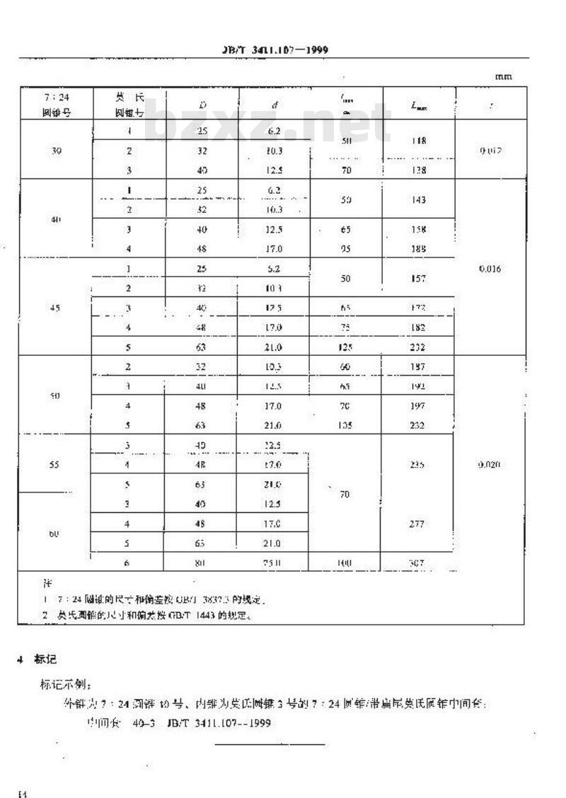 JB/T 3411.107-1999 7：24 圆锥/带扁尾莫氏圆锥中间套 尺寸