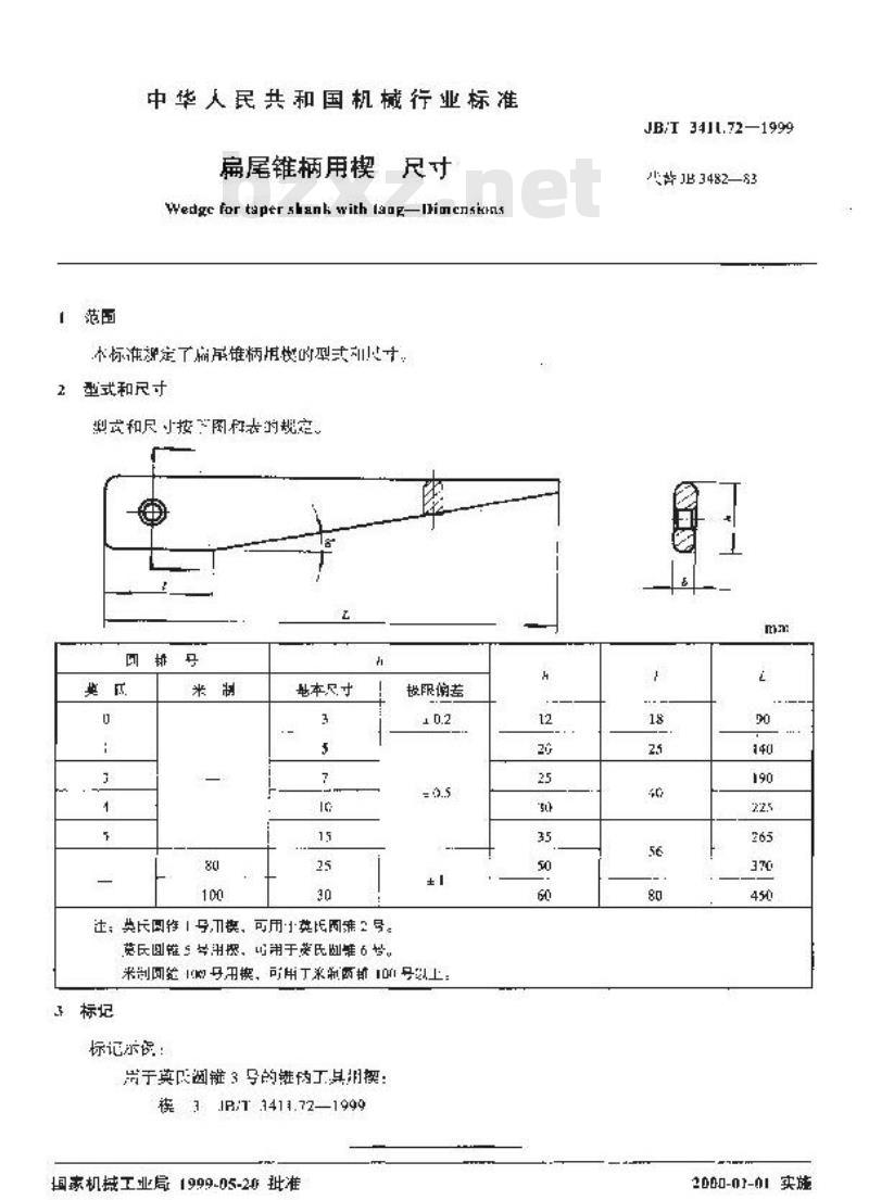 JB/T 3411.72-1999 扁尾锥柄用楔 尺寸 JB/T 3411.72-1999 扁尾锥柄用楔 尺寸