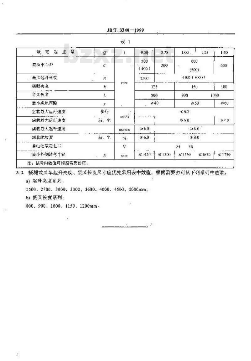 JB/T 3340-1999 插腿式叉车 基本参数
